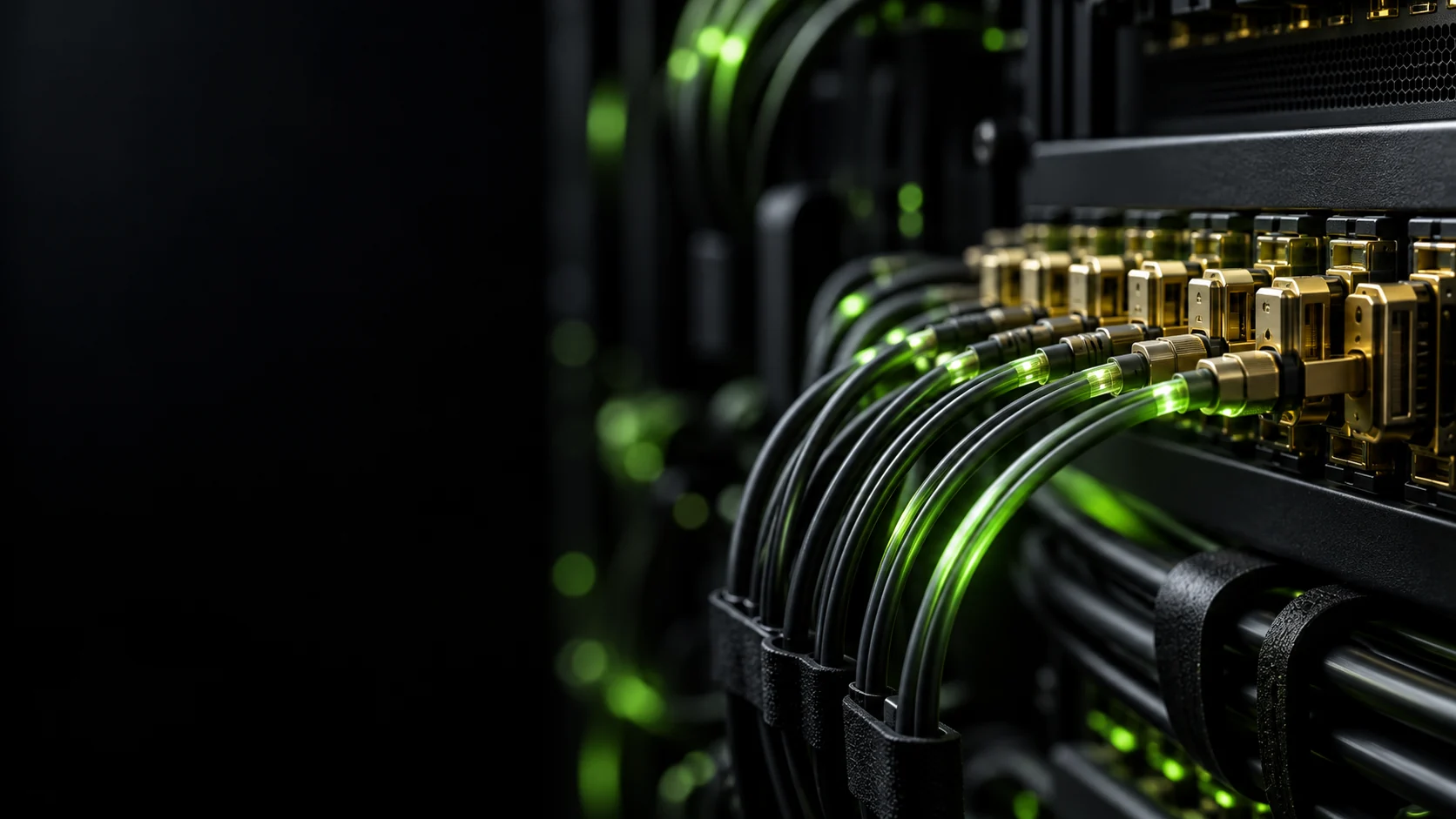 Network hardware with green connections and gold connectors